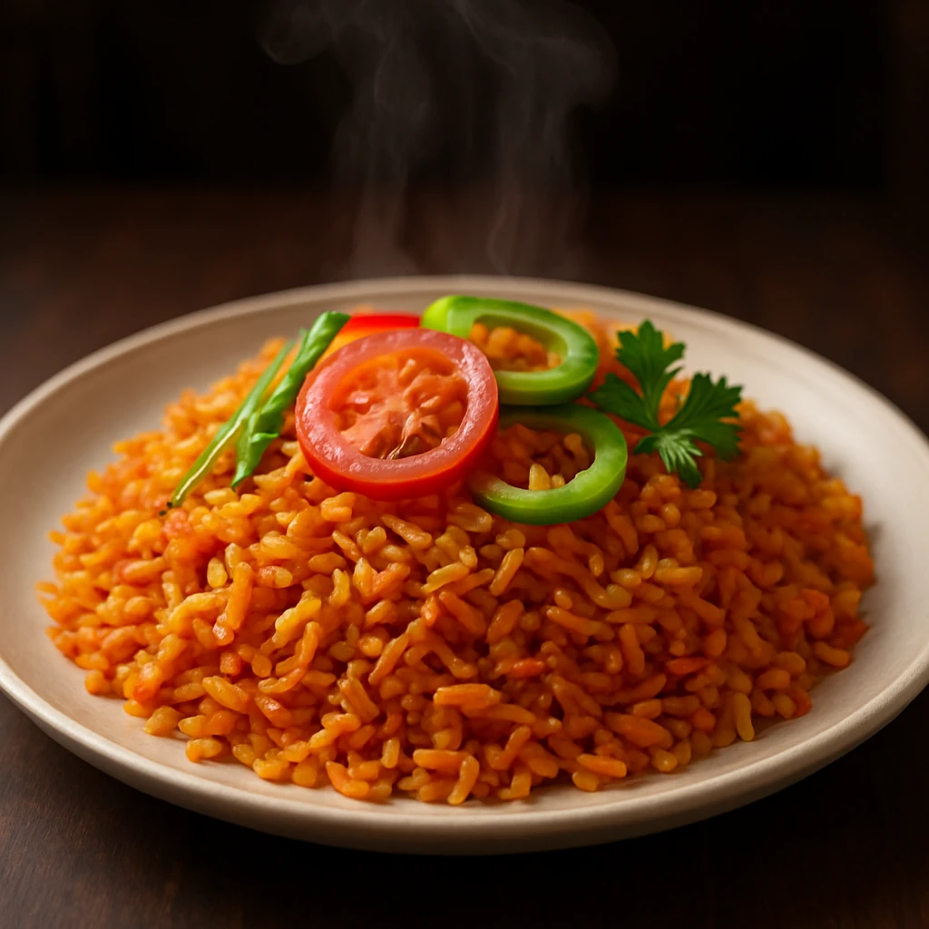 Dymiacy talerz pomarańczowo-czerwonego ryżu jollof przybranego warzywami