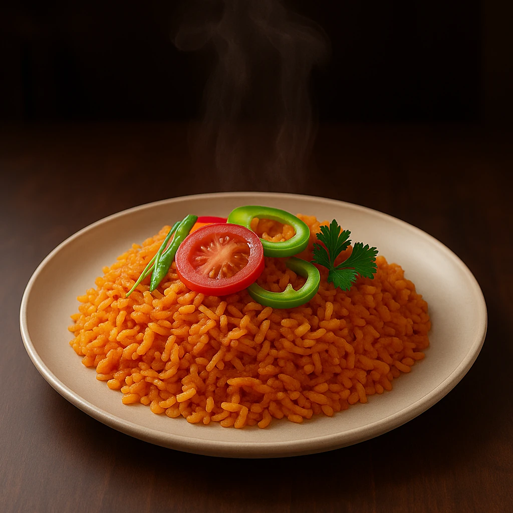 Dymiacy talerz pomarańczowo-czerwonego ryżu jollof przybranego warzywami