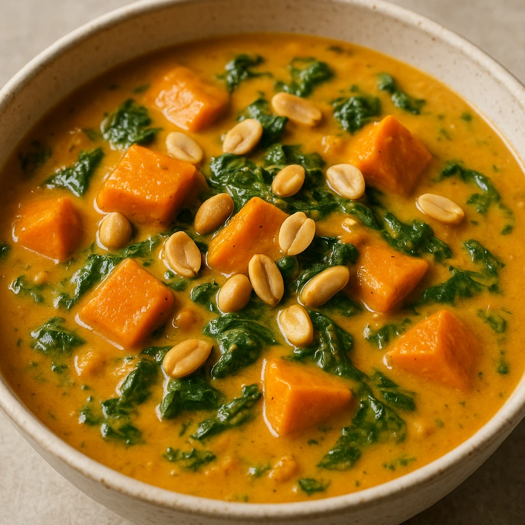 Miska kremowego pomarańczowego gulaszu orzechowego z kawałkami słodkiego ziemniaka i zielenią