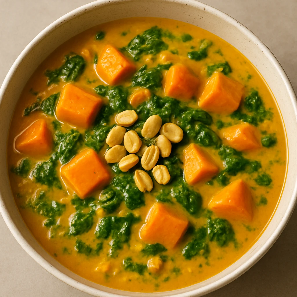 Miska kremowego pomarańczowego gulaszu orzechowego z kawałkami słodkiego ziemniaka i zielenią