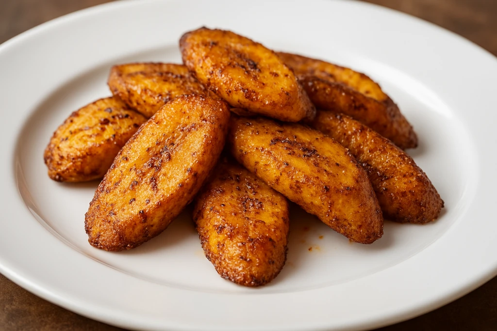 Złocisto-brązowe smażone kawałki plantaina z widocznymi przyprawami na białym talerzu